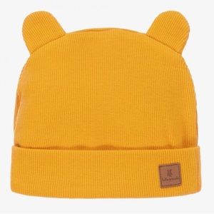 TUTTO PICCOLO Yellow Hat with Ears, Soft Ribbed Cotton Knit, Spring/Autumn